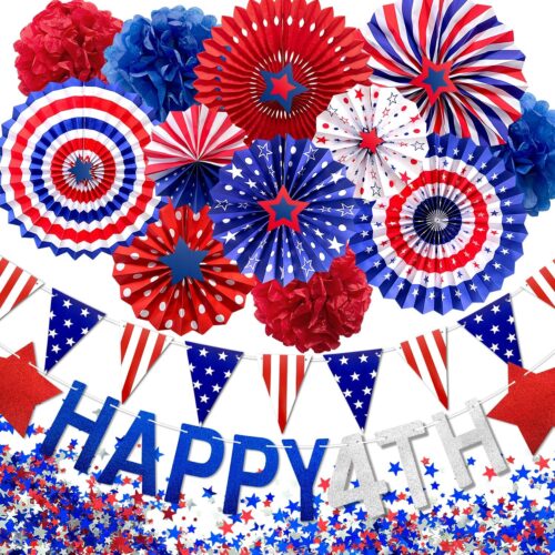 4th of July Decorations Set，27pcs Independence Day Party Supplies-Red White Blue Hanging Paper Fans，4TH Happy Banner ，Red Blue Stars，Pom Poms Party Favors