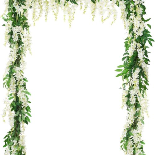 2Pcs 6Ft/Piece Artificial Flowers Wisteria Garland Artificial Wisteria Vine Hanging Flower Greenery Garland for Home Garden Outdoor Wedding Arch Floral Decor (White)