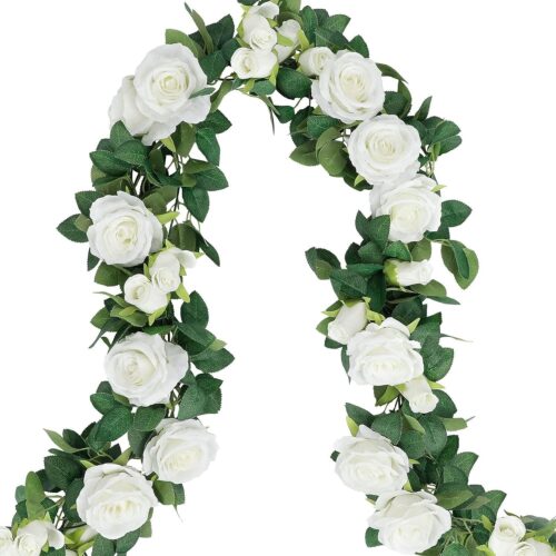 4 PCS Artificial Flower Garland, 26Ft Wedding Arch Flowers Fake Flowers Garland Spring Garland with White Rose Buds and Flowers for Decoration, Rose Floral Vine for Bedroom Wall Table