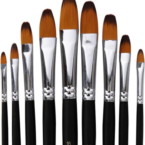 Artist Paint Brushes Set,9 Pcs Professional Filbert Brushes for Acrylic Oil Watercolor Gouache Painting Kits with Long Handle Nylon Hair Black