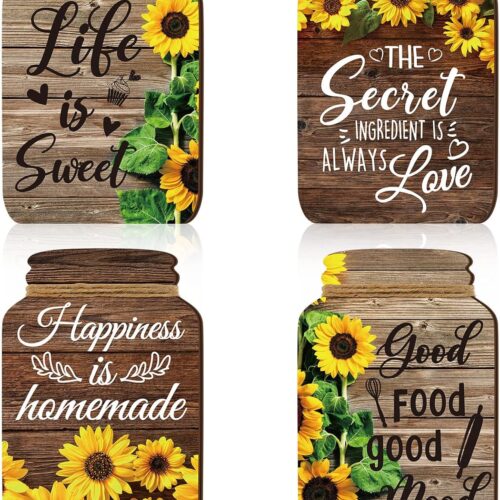 4 Pcs Kitchen Wall Decor Mason Jar Set Wooden Rustic Home Decor Inspirational Kitchen Hanging Farmhouse Wall Signs for Home decoration(Sunflower)