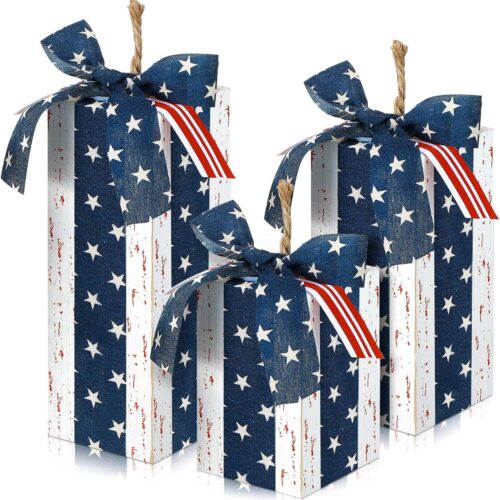 3 Pcs 4th of July Wood Decor Rustic Memorial Day Decorations Patriotic Table Centerpiece with Bowknot Independence Day Wooden Blocks for Farmhouse Home Shelf Decor(White)