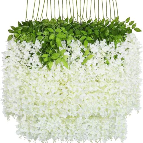 24 Pack (Total 86.4 Feet) Artificial Fake Wisteria Vine Rattan Hanging Garland Silk Flowers String Home Party Wedding Decor (24, White)