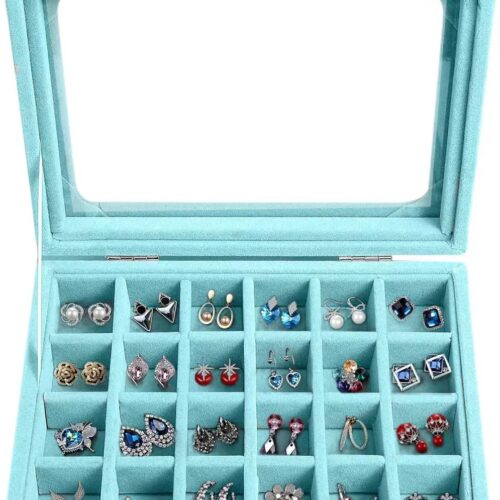 Jewelry Box 24 Grid Velvet Earrings Holder Tray Detachable Earring Case Jewelry Showcase for Drawers Glass Clear Lid Organizer Jewelry Display Storage Ring Trays (Light blue)