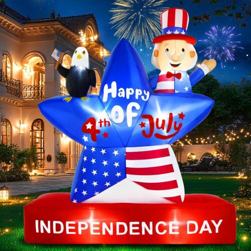6 FT 4th of July Inflatables Outdoor Decorations Fourth of July Inflatable Patriotic Star with Uncle Sam and American Flying Bald Eagle Patriotic Inflatable for Independence Day Outdoor Décor