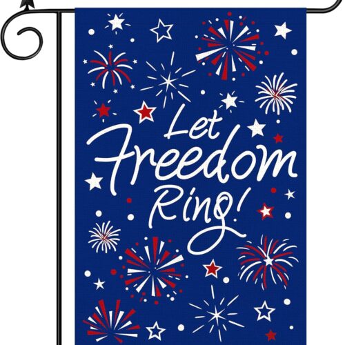 4th of July Garden Flag Double Sided,Independence Day Patriotic American Fireworks and Stars Let Freedom Ring Small Burlap Garden Flag for Outside Decoration12x18 Inch(Blue)