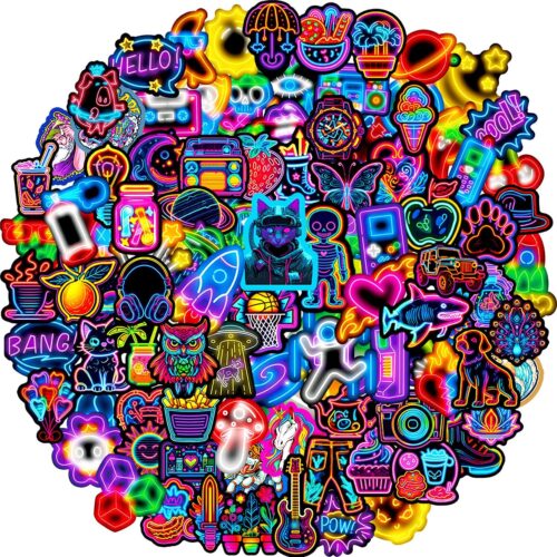 Water Bottle Stickers 100 Pcs Cool Cute Neon Sticker Packs, Prizes for Kids Classroom Rewards, Waterproof Vinyl Stickers for Water Bottles Laptop Scrapbooking Skateboard Journaling Luggage Tumbler etc