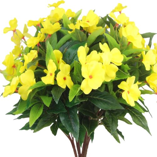 4 Pcs Artificial Flowers Outdoor Impatiens UV Resistant Silk Impatiens Flowers Yellow Faux Flowers Impatiens Bushes Artificial Impatiens for Pot Patio Lawn Garden Hanging Basket Porch Decor