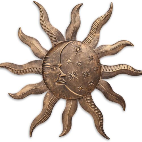 27" Sun Metal Wall Art Outdoor Decor Moon Wall Decoration Metal Wall Sculpture Hanging Garden Wall Art Wall Sculpture for Indoor Outdoor Patio Fence Decor Gold