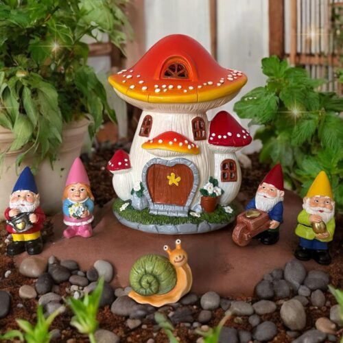 Solar Garden Gnome Statue Set – Magical Gnome Decor - Solar Light Mushroom House – Hand-Painted Resin Garden Decorations for Indoor & Outdoor – Weather-Proof Yard Ornaments - Unique Outdoor Gifts