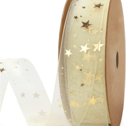 Gold Star Sheer Ribbon - Snow Yarn Ribbon for Birthday, Wedding, Christmas - 3/4 inch x10 Yard