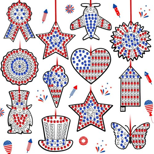 36 Sets Patriotic 4th of July Diamond Painting Ornaments DIY Gem Art Sun Catcher Kits Window Independence Day Gemstone Diamond Art Craft and Crafts with Ropes for Holiday Party Decor