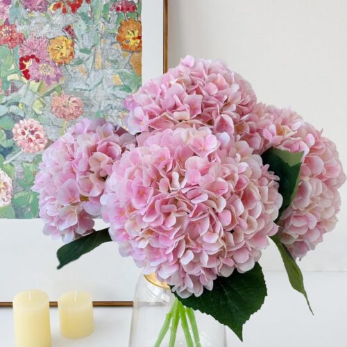 4Pcs Light Pink Silk Hydrangea Artificial Flower Big Blooms 20'' Long Stem Faux Hydrangea for Home Baby Shower Party Indoor Outdoor Wedding Table Centerpiece Spring Flower Decor