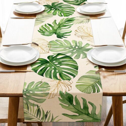 Summer Palm Leaves Tropical Greenery Table Runner, Monstera Home Kitchen Dining Plant Decor, Spring Seasonal Decorations Indoor Outdoor Hawaii Luau Anniversary Party Supply 13 x 72 Inch
