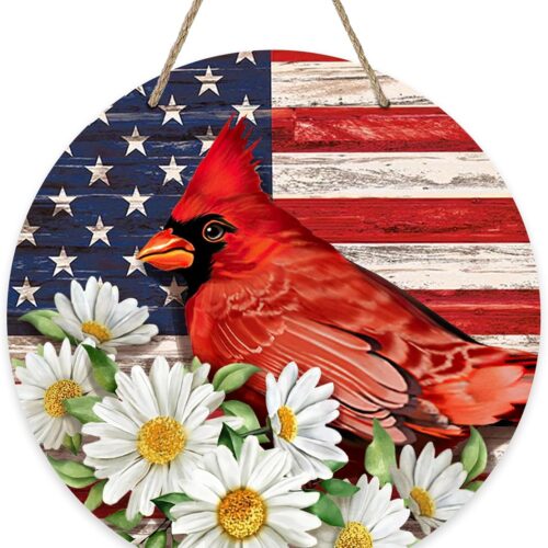 4th of July Memorial Day Cardinal Front Door Sign, Patriotic America Red Bird Daisy Wood Door Hanger Outdoor Outside Porch Decor, American USA Wooden Wreath Indoor Wall Hanging Decoration