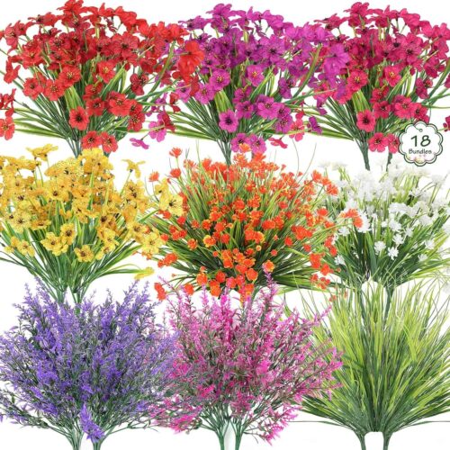 18 Bundles Artificial Flowers for Outdoors, UV Resistant Realistic Fake Spring Summer Flowers with Plastic Faux Shrubs Plants for Outside Garden Patio Porch Window Box Planters Hanging Basket Decor
