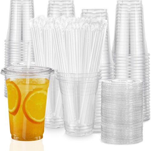 Plastic cups with lids and straws 16 oz 100sets [100 cups & 100 flat lids & 100 straws],clear crystal disposable iced coffee cup with lids
