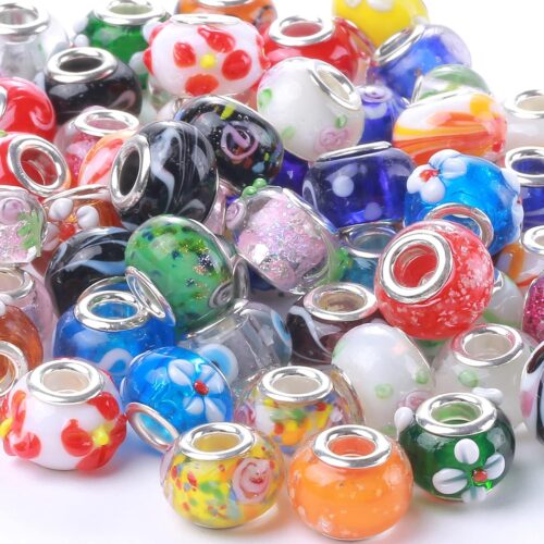 Murano Glass Beads Large Hole Glass Beads European Lampwork Spacer Charms Bead Silver Plated Cores Bracelet Charm for DIY Crafts Jewelry Making 50 Pcs Mixed