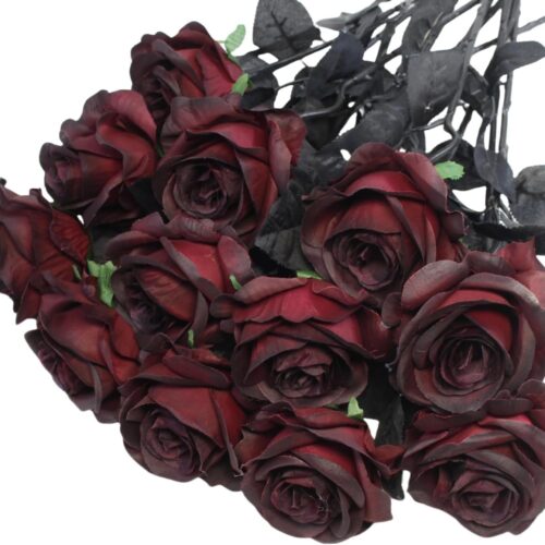Artificial Roses Flowers, 12 Pcs Fake Burgundy Rose in Bulk, Long Stem Realistic Silk Roses Bouquet for Halloween Decoration, Fall Home Decor, Centerpieces, Flower Arrangement (Burgundy, 12-PCS)