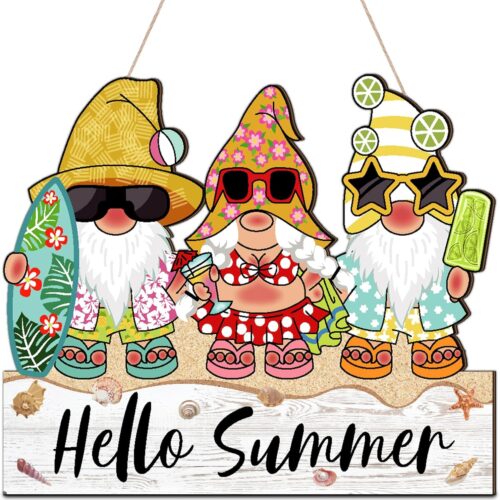 Hello Summer Door Sign, Gnomes Summer Door Decor Wooden Door Hanging Signs, Farmhouse Summer Home Sign for Home Garden Indoor Outdoor Decorations