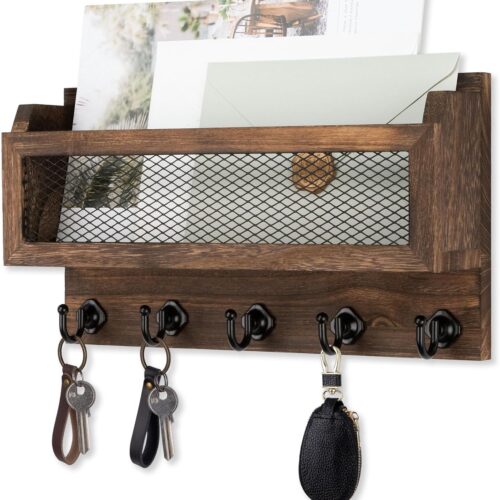 Mail and Key Holder for Wall Decorative, 11 Inch Wooden Wall Key Organizer with 5 Key Hooks, Wall Mount Storage Shelf for Entryway Hallway (Brown)