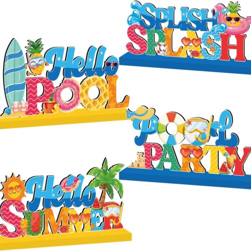 4pcs Pool Party Decorations Wood Table Centerpieces,Hello Summer Splish Splash Party Table Decorations Hawaii Tropic Style Wooden Tabletop Decor for Summer Holiday