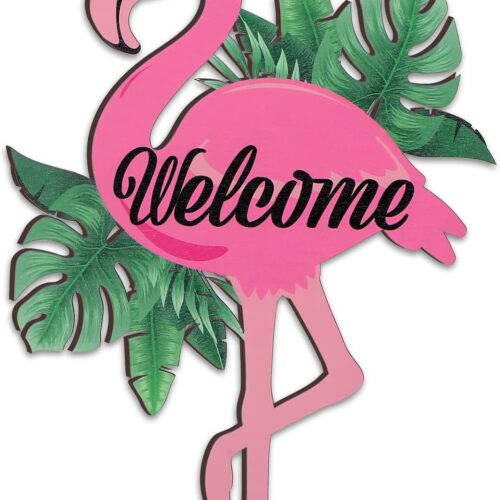 Flamingo Welcome Wood Door Summer Sign Large Hawaiian Decorations Hawaiian Themed Wall Art Hanging Sign for Flamingo Lovers Gifts Farmhouse Home Wall Holiday Decoration