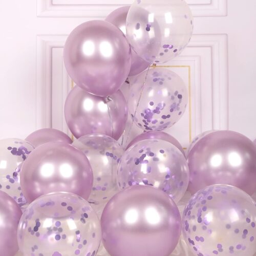 Party Balloons Pack of 42 - Metallic Lavender Balloons and Confetti Latex Helium Balloons With 64ft Ribbons - 12 Inch Lilac Chrome Balloon Decoration Set