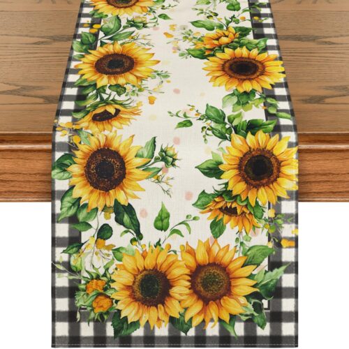 Buffalo Plaid Sunflower Table Runner, Summer Fall Seasonal Kitchen Dining Table Decoration for Indoor Outdoor Home Party Decor 13 x 72 Inch