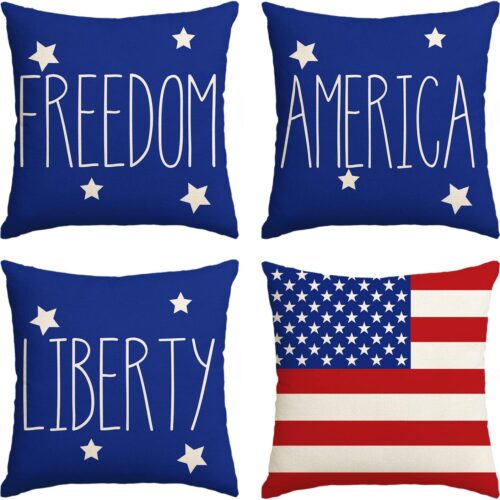 4th of July Patriotic Saying Blue Throw Pillow Covers 18 x 18 Set of 4, Freedom America Liberty USA Flag Independence Memorial Day Decorations for Home Red
