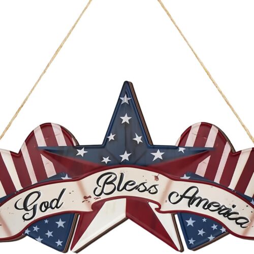 4th of July Wreaths,SWEKKE Wreath for Front Door, God Bless America Flag Wooden Decor Door Sign Wreath 12 Inch,Welcome Pentacle Heart Irregular Welcome Door Sign Decorations,Welcome Door Sign