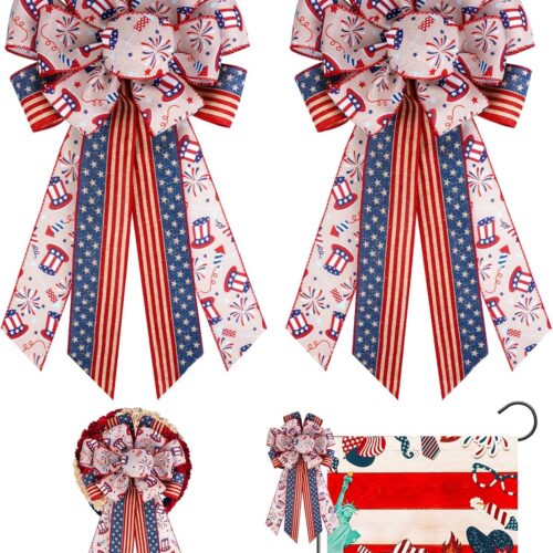 2pcs Large 4th of July Bow, 4th of July Decorations Red Blue Striped Tree Topper Bows for Patriotic Wreaths, American Flag Memorial Day Bow for Tree Topper, Window, Staircase, Front Door, Outside