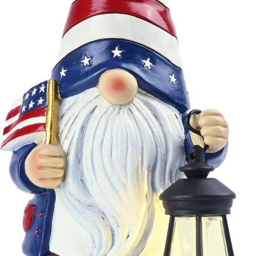 4th of July Patriotic Gnome Decorations for Garden, Resin Outdoor Statues Holding Lantern with Solar Lights for Outside, Memorial Ornaments Gift for Independence Day, 8"