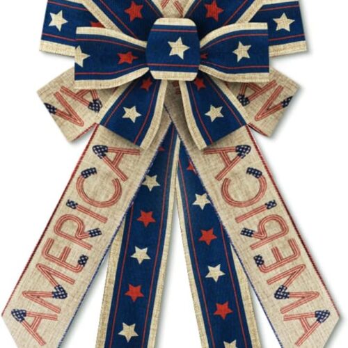 Large Patriotic Wreath Bows, Patriotic Star Bows for Wreath 4th of July Burlap Stripes Bows for Front Door, Red Blue Linen American Flag Bows for Labor Day Indoor Outdoor Tree Decor