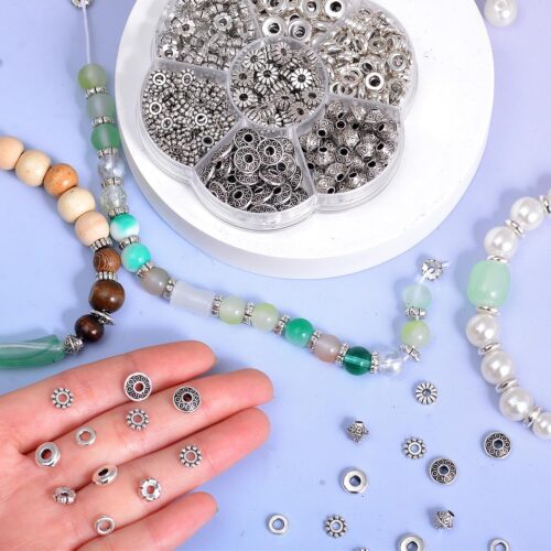 400Pcs Antique Silver Spacer Beads for Jewelry Making, Small Metal Flat Flower Beads, Bracelet, Necklace, Earring Findings & Supplies (400)