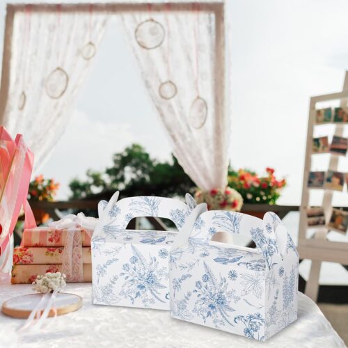 24 Pack Blue Floral Paper Gift Boxes Party Favor Gift Gable Boxes with Chinoiserie Floral Printed Candy Treat Box for Wedding Birthday Tea Bridal Shower Party