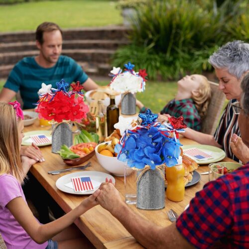 3 Sets 4th of July Table Centerpieces Memorial Independence Day Patriotic Red White Blue Artificial Hydrangeas Flower with Vase and Glitter Stars Picks for Home Office(Iron Color)