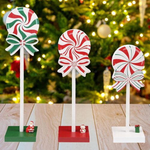3 Pieces Christmas Table Decorations Wooden Christmas Tiered Tray Decor Xmas Tabletop Décor Candy Cane Décor for home(Classic)
