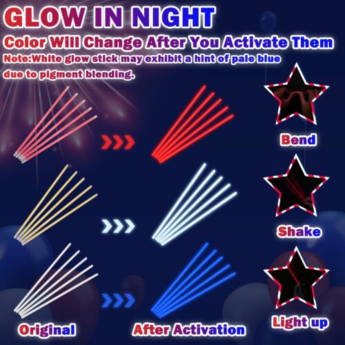 4th of July Red White Blue Glow Sticks Party Favors Supplies for Kids 90 PCS, Light up Neon Bracelets Necklaces for Fourth of July, Patriotic Accessories Decorations Gift Treat Goodie Bag Stuffers