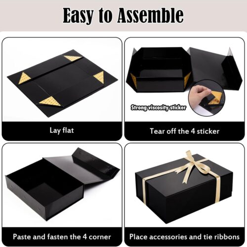 Large Gift Box with Lid, 13.5 x 10 x 3.5 Inch Black Magnetic Gift Box for Presents with Card, Ribbon, Filler, Collapsible Boxes of Paper for Birthday, Wedding, Christmas (Glossy)