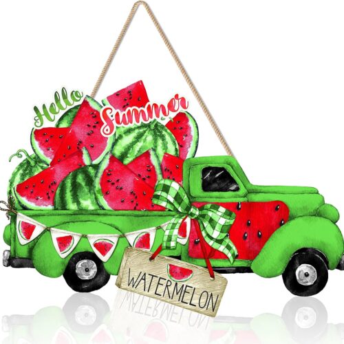 Hello Summer Door Sign Watermelon Truck Wooden Sign Summer Door Decor Welcome Sign for Front Door Green Truck Wooden Hanging Decorations for Indoor Outdoor Farmhouse Porch Decor，12 X 8 Inch