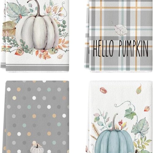 Grey Watercolor Stripes Hello Pumpkin Fall Kitchen Towels Dish Towels, 18x26 Inch Seasonal Leaves Decoration Hand Towels Set of 4