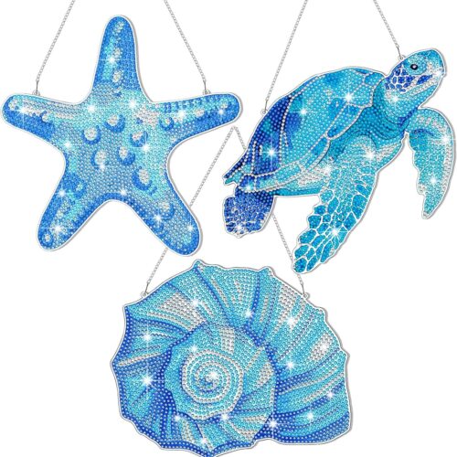 3 Pcs Summer Diamond Art Kits for Adults Sea Ocean Animals Turtle Starfish Shells Diamond Art Welcome Door Sign Under The Sea Party Favors Summer Beach Home Wall Door Decor