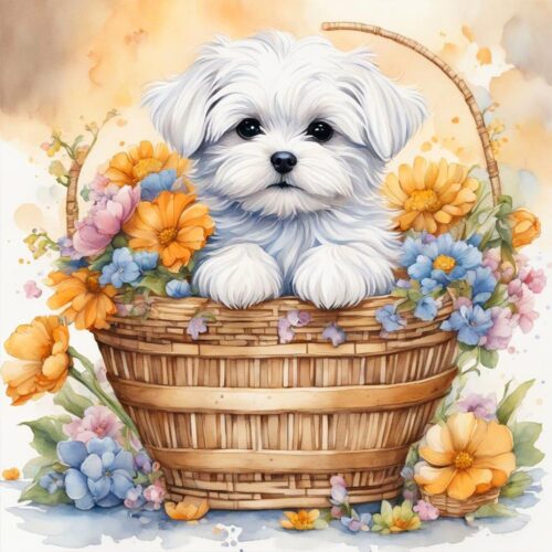 Diamond Painting Kits for Adults, Dog Round Full Drill Diamond Art Kits, 5D DIY Paint with Diamonds Crafts for Home Wall Decoration Gifts 12×12Inch Flower Basket