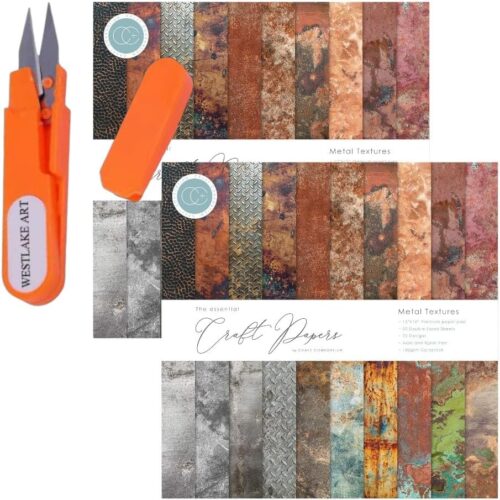 Craft Consortium Double Sided Paper Pad 12X12, Bundle With Embroidery Scissors 30 Sheets, 20 Designs Acid Free Scrapbook Paper with Metal Textures For Cardmaking (Pack of 2)
