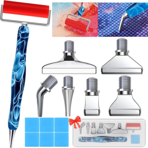 14PCS Diamond Painting Pen Accessories Tools Set, Exquisite Stainless Steel Metal Pen Tips,Ergonomic Diamond Art Pen and 6 Painting Glue Clay,Comfort Grip and Faster Drilling (Blue Silver)