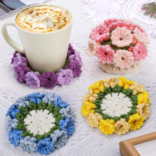Crochet Kit for Beginners-4PCS Coaster Flower Pot Crochet Kits Coaster Crochet Starter Kit with Crochet Yarns,Hooks, Easy Videos Tutorials to Crochet for Office, Coffee Table, Home Decor