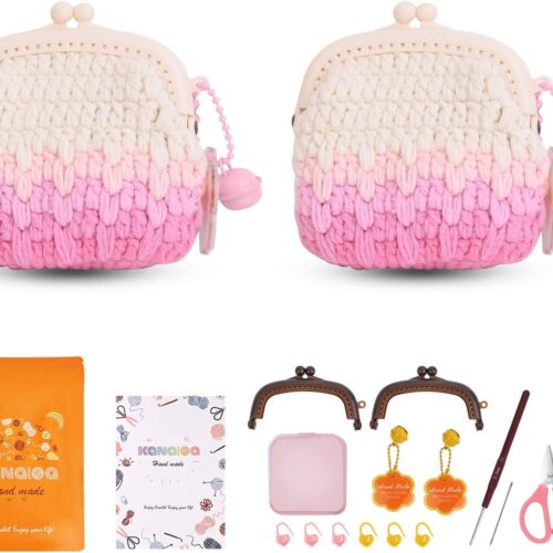 Crochet Kits for Beginners - Handmade Craft DIY Knitting Set with Yarn,Hooks,Video Tutorials - Nice Gifts for Adults,Women - Mini Vintage Kisslock Wallet Coin Change Purses Pouch Storage Bag