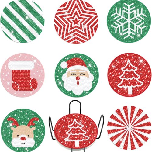 Diamond Coasters Art Painting Kit, 8pcs Diamond Christmas Art Coasters with Holder DIY Crafts Art Supplies for Adults Kids Beginners Beach House Decor（Christmas）