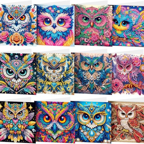 DIY Diamond Art Cards, 12pcs Owls 5D Diamond Art Painting Card Kit Diamond Art Greeting Cards with Envelopes Special Shaped Gem Painting Card Art Craft for Birthday Thanksgiving Mother's Day